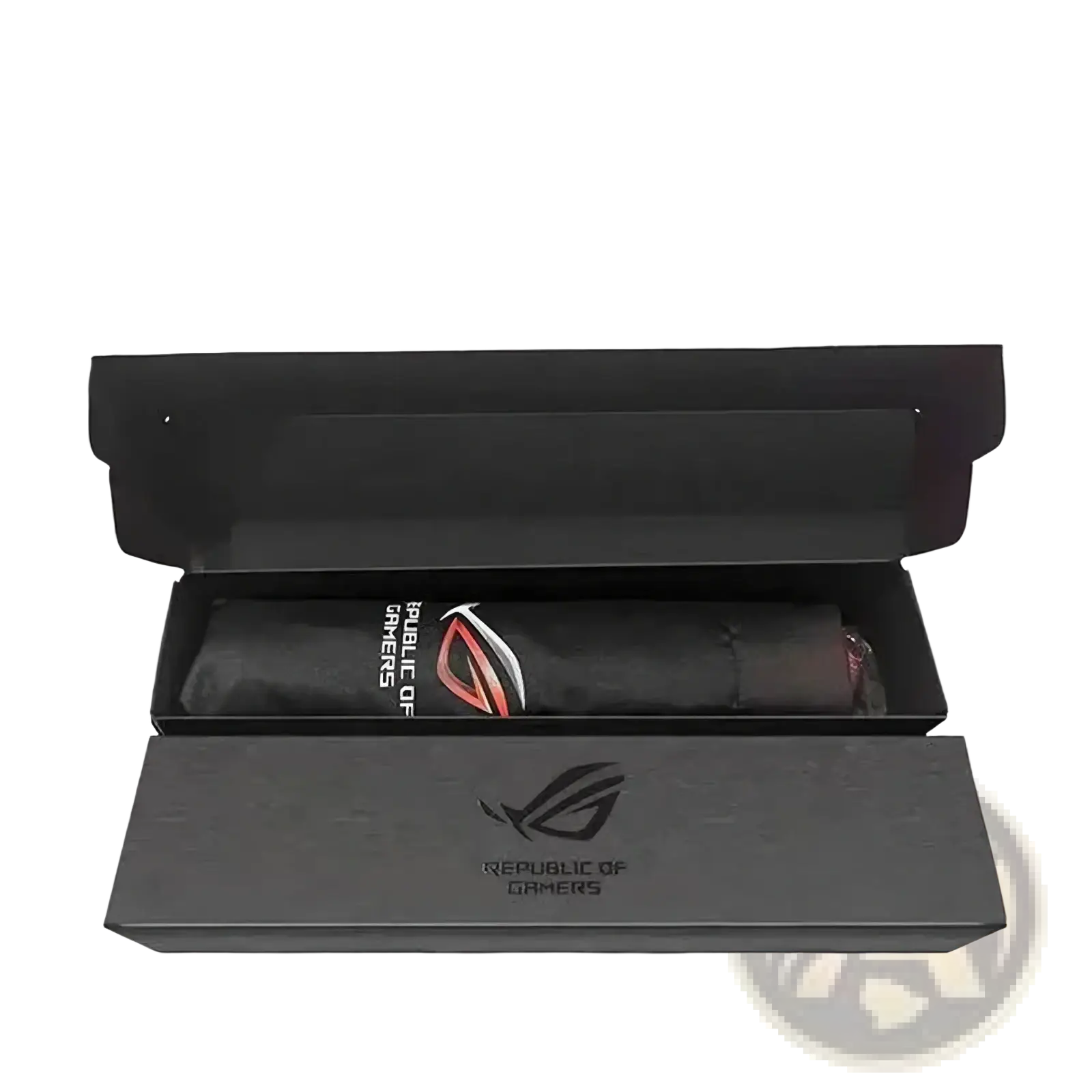 Asus rog 9 pro multi-functional umbrella with a black rolled-up gaming mousepad featuring red and white rog logo in a branded box