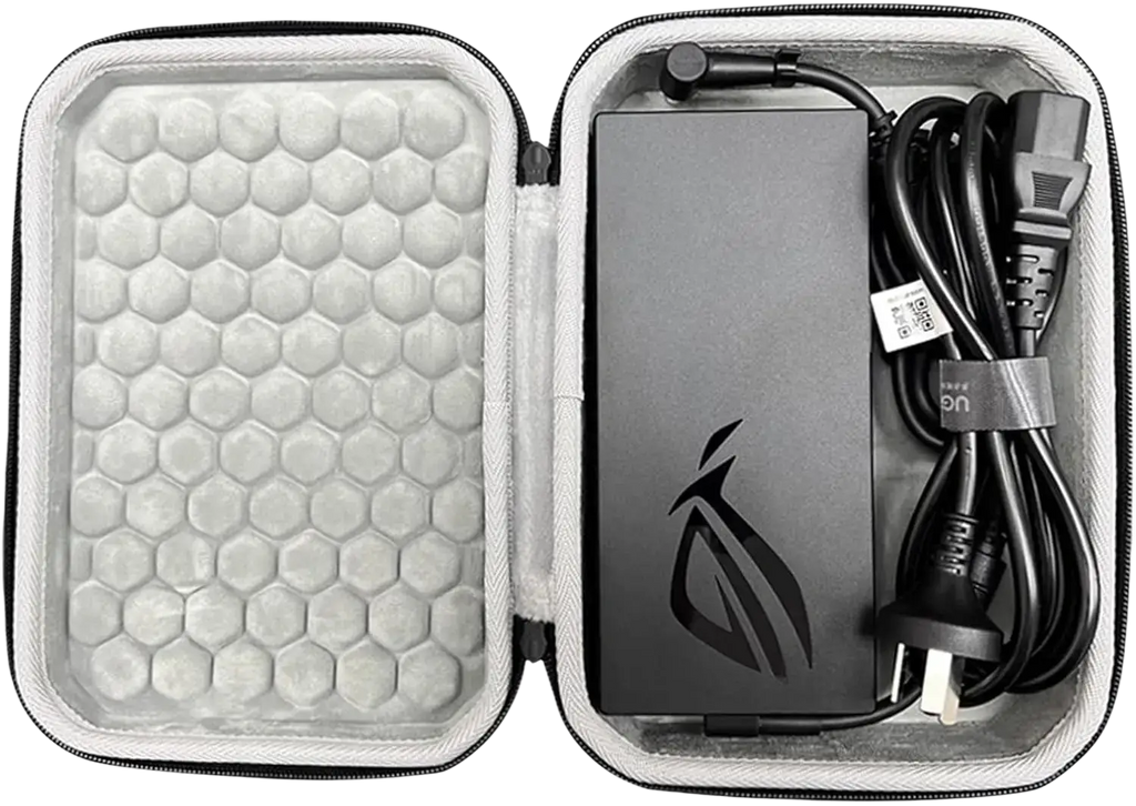 Black asus rog gaming power adapter with coiled cable in gray EVA protective travel case for hard charger storage
