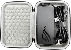 Black asus rog gaming power adapter with coiled cable in gray EVA protective travel case for hard charger storage