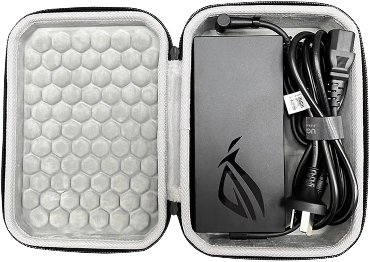 Black asus rog gaming power adapter with coiled cable in gray EVA protective travel case for hard charger storage
