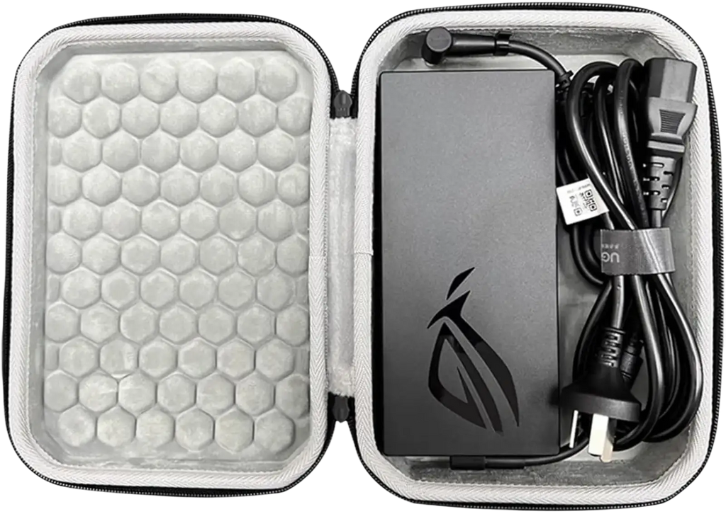 Black asus rog gaming power adapter with coiled cable in gray EVA protective travel case for hard charger storage