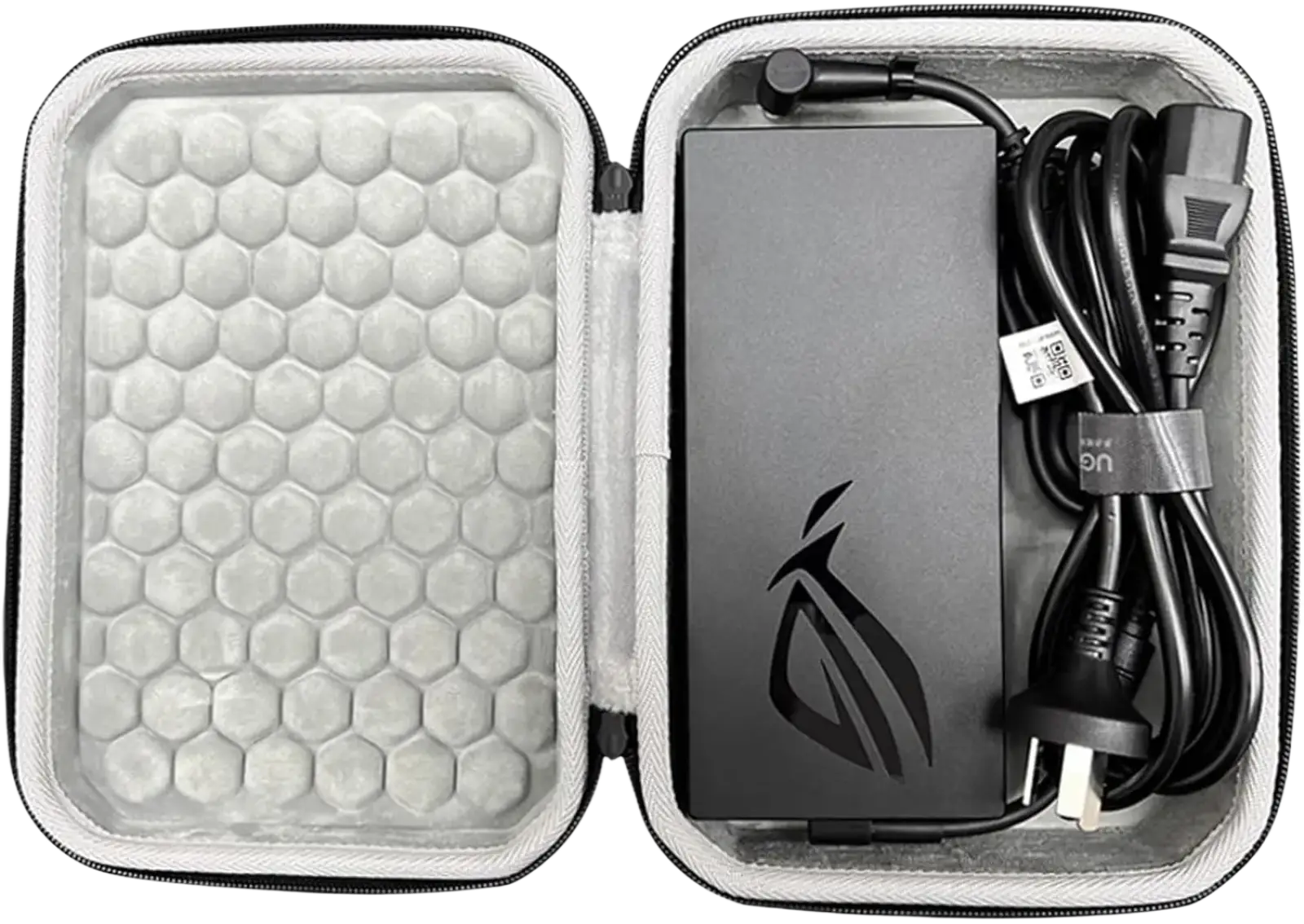 Black asus rog gaming power adapter with coiled cable in gray EVA protective travel case for hard charger storage