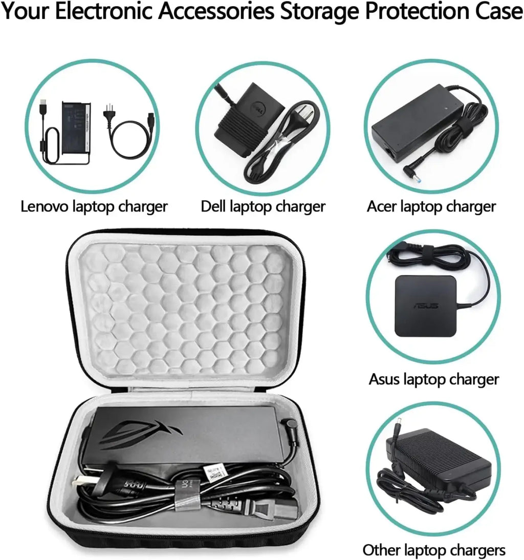 Black hard-shell Asus Rog hard charger case with white honeycomb interior lining for electronic accessory storage