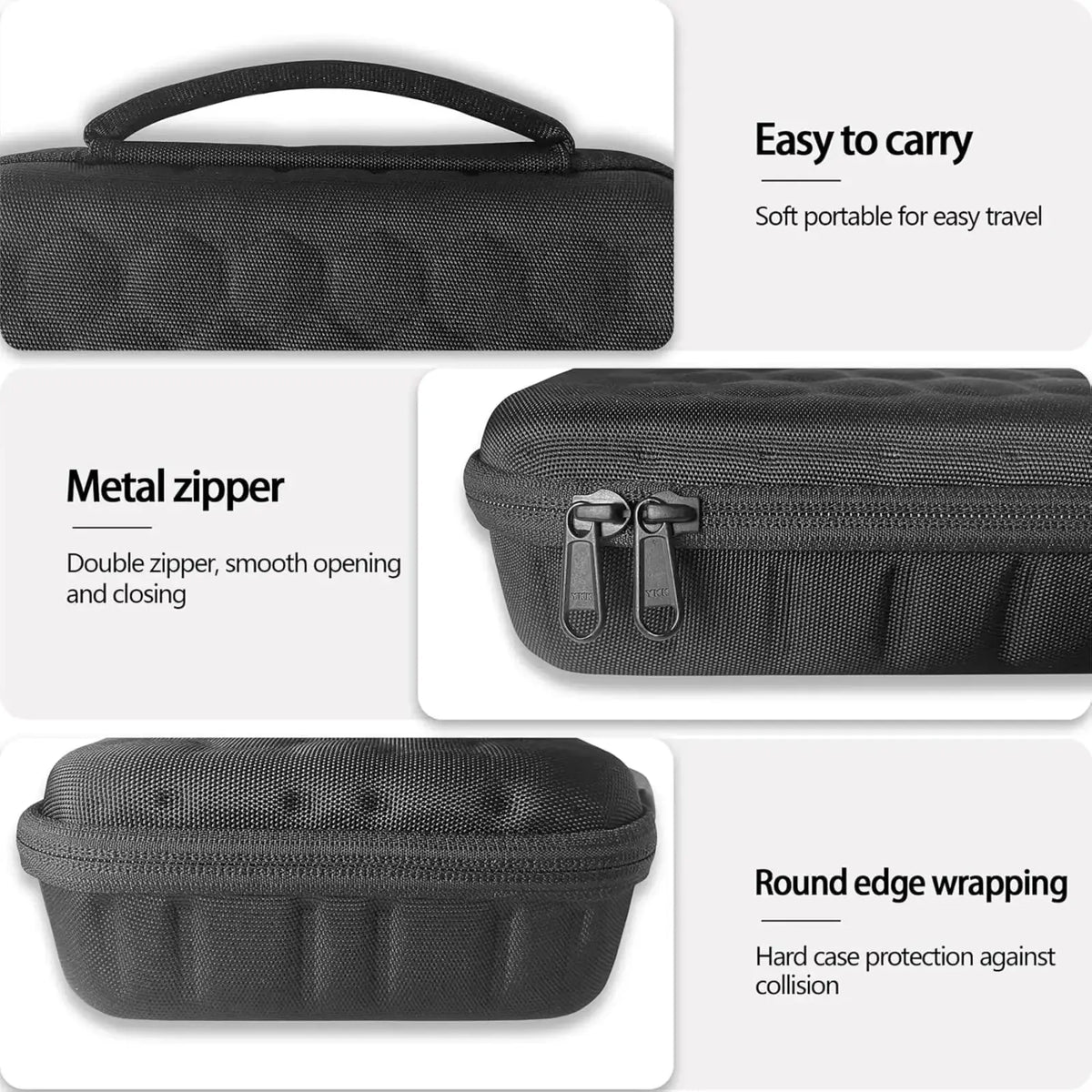 Black textured fabric Asus Rog hard charger case with metal zipper and rounded edges for travel and storage
