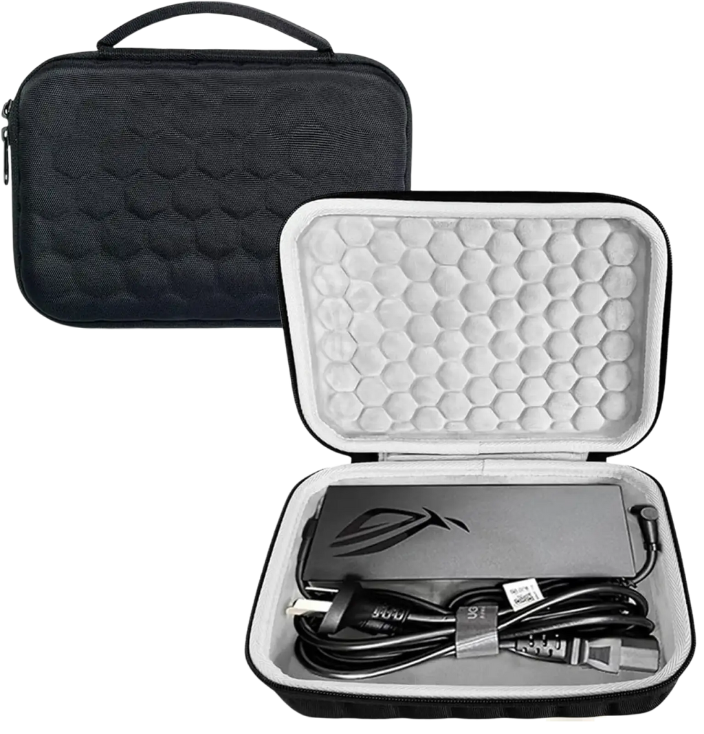 Black textured hard-shell Asus Rog hard charger case with honeycomb interior designed for laptop charger travel