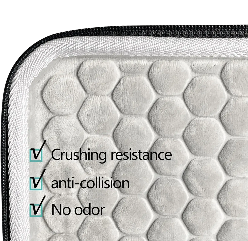 Asus Rog hard charger case travel eva pouch with white hexagonal plush lining and black zipper trim interior