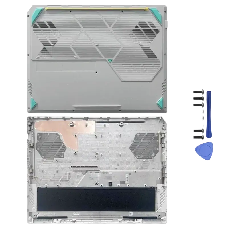 Gray asus tuf gaming a16 replacement laptop base with teal accents and hexagonal ventilation grilles on the back side