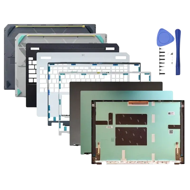 Set of black white gray and teal laptop chassis panels with screws and tools for asus tuf gaming a16 replacement shell