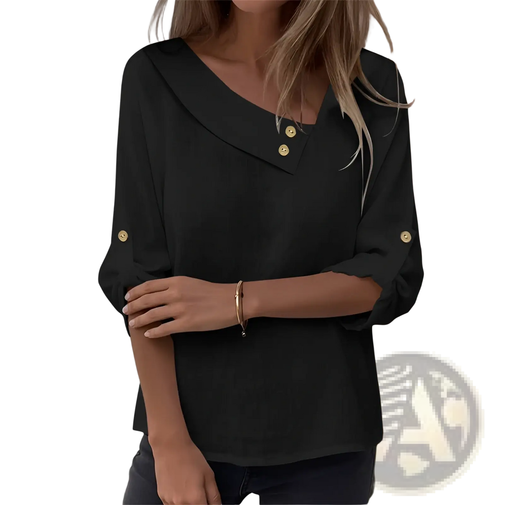 Black asymmetric button blouse with v-neckline and three-quarter sleeves featuring gold button accents