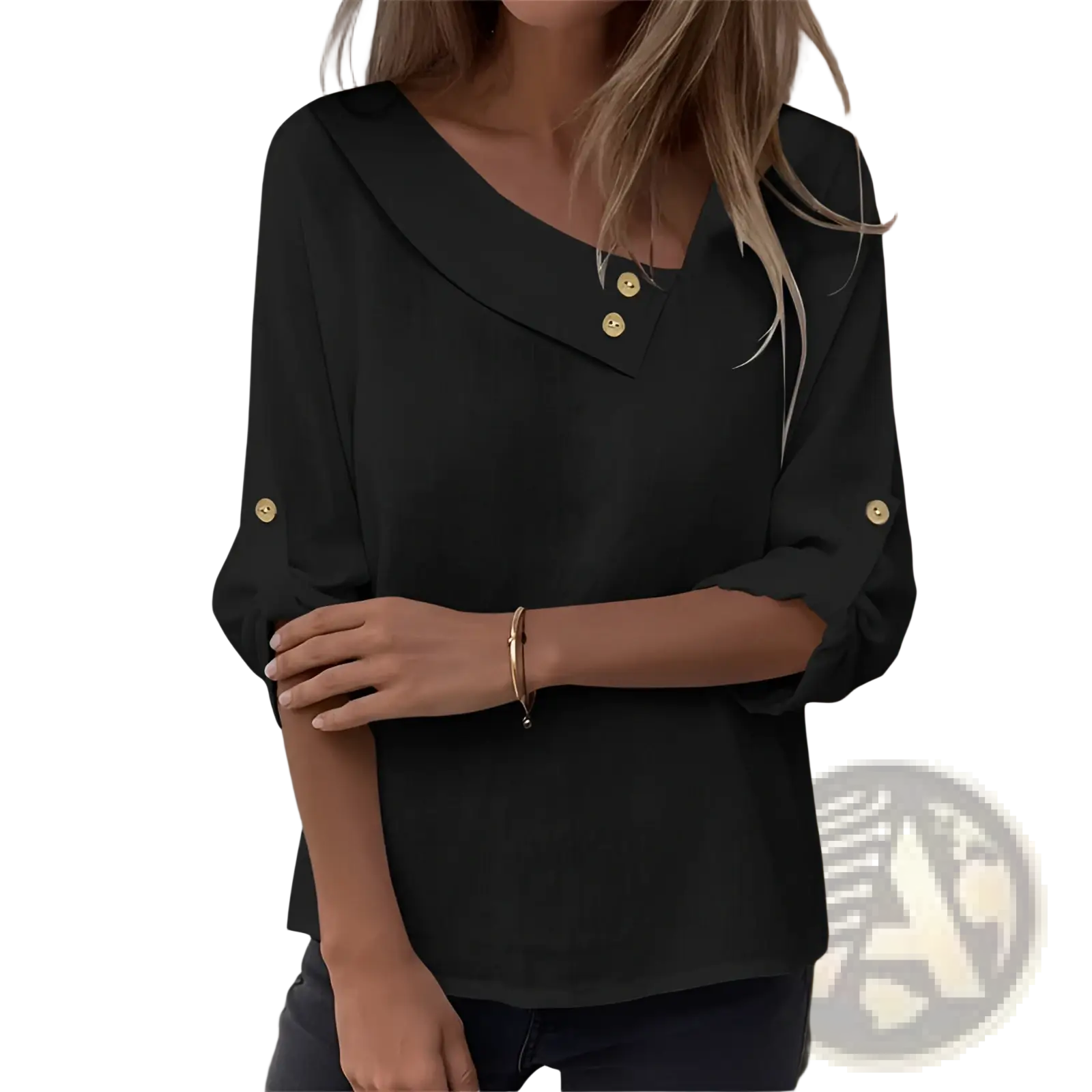Black asymmetric button blouse with v-neckline and three-quarter sleeves featuring gold button accents