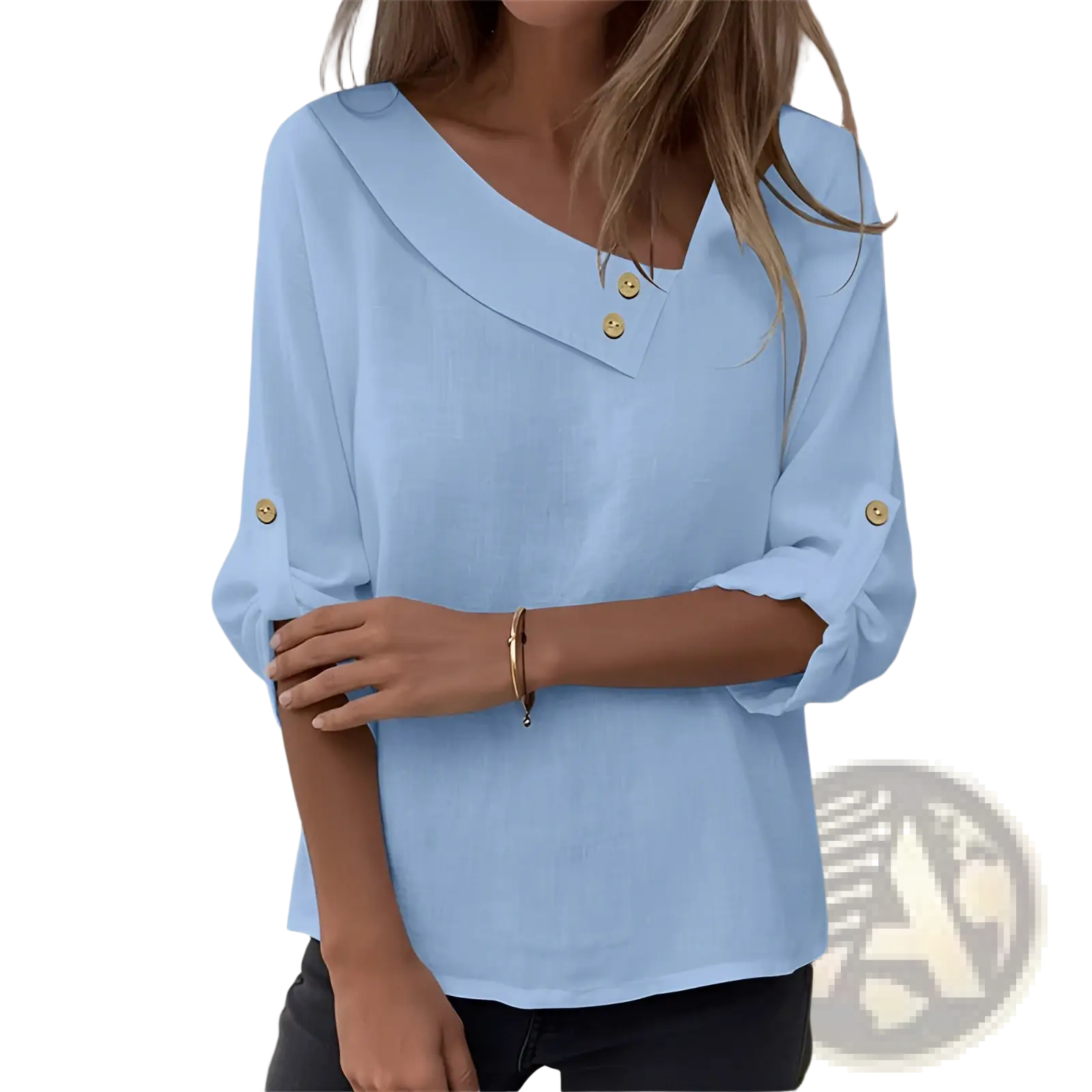 Light blue asymmetric button blouse with loose fit collar and gold-tone buttons at neckline and cuffs