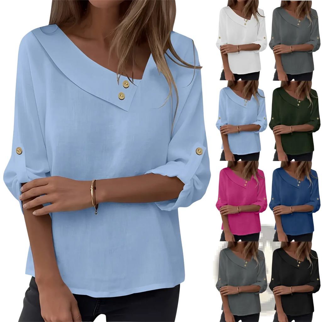 Light blue asymmetric button blouse with a collar and three-quarter sleeves in loose-fitting fabric