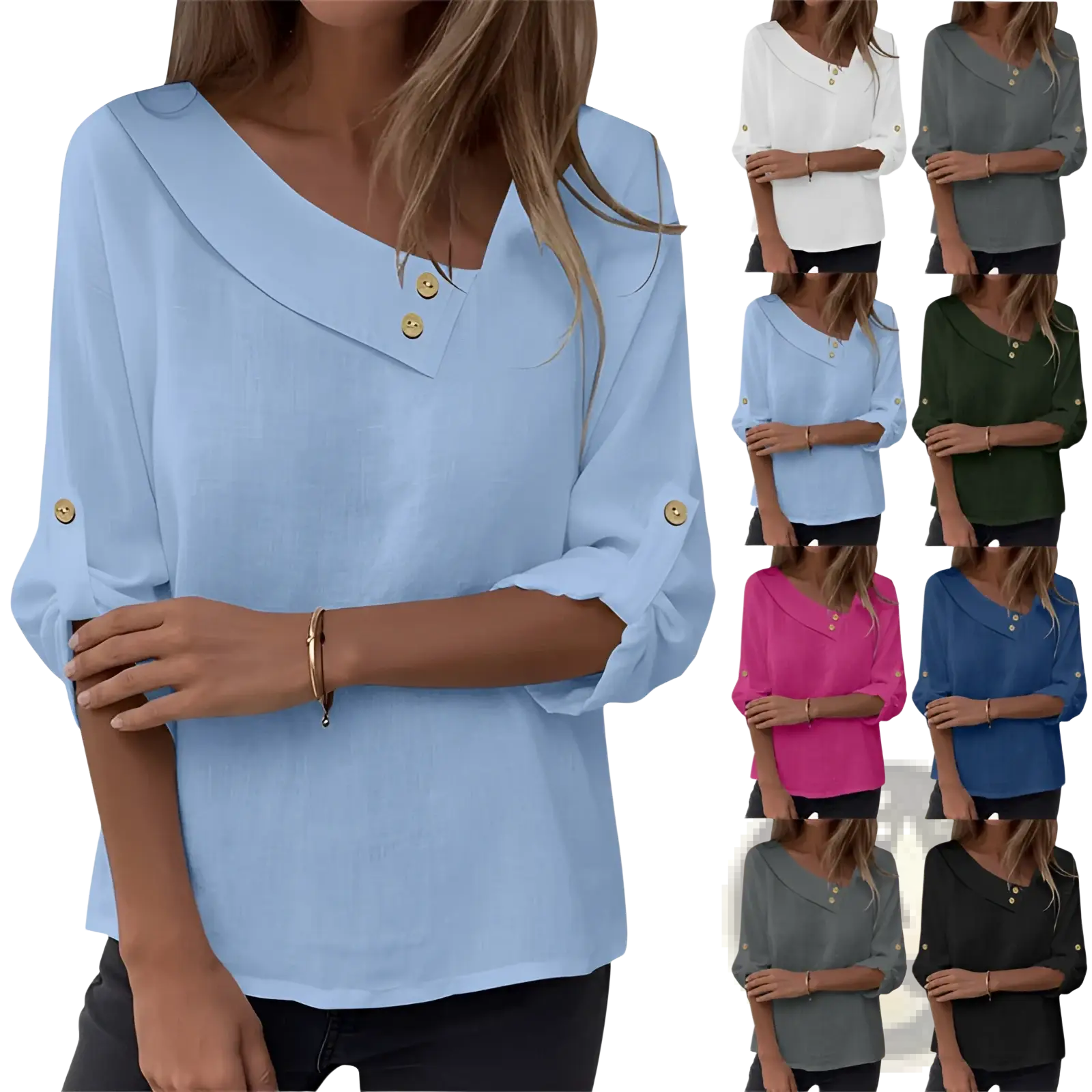 Light blue asymmetric button blouse with a collar and three-quarter sleeves in loose-fitting fabric