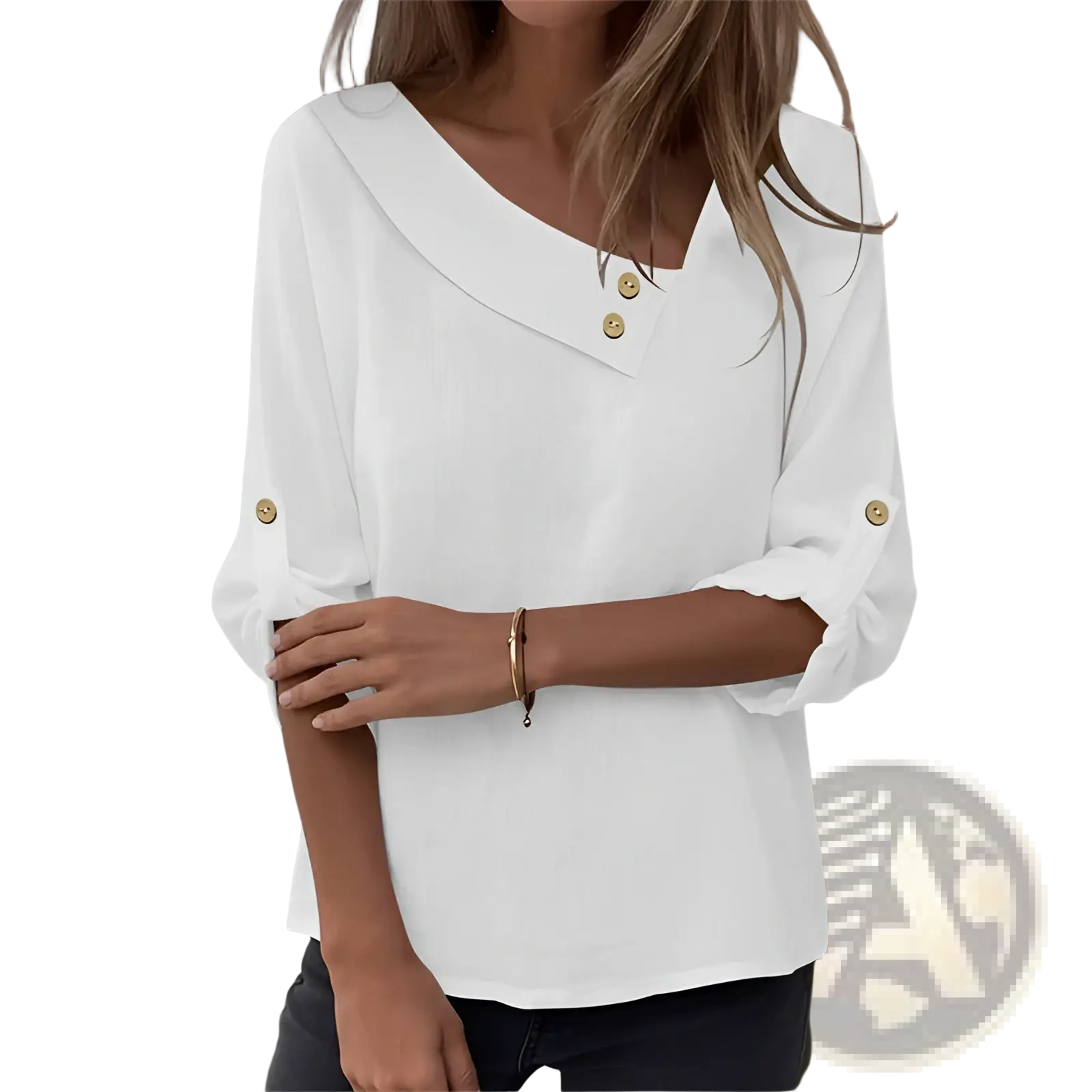 White asymmetric button blouse with v neckline, three quarter sleeves rolled cuffs, and gold tone buttons
