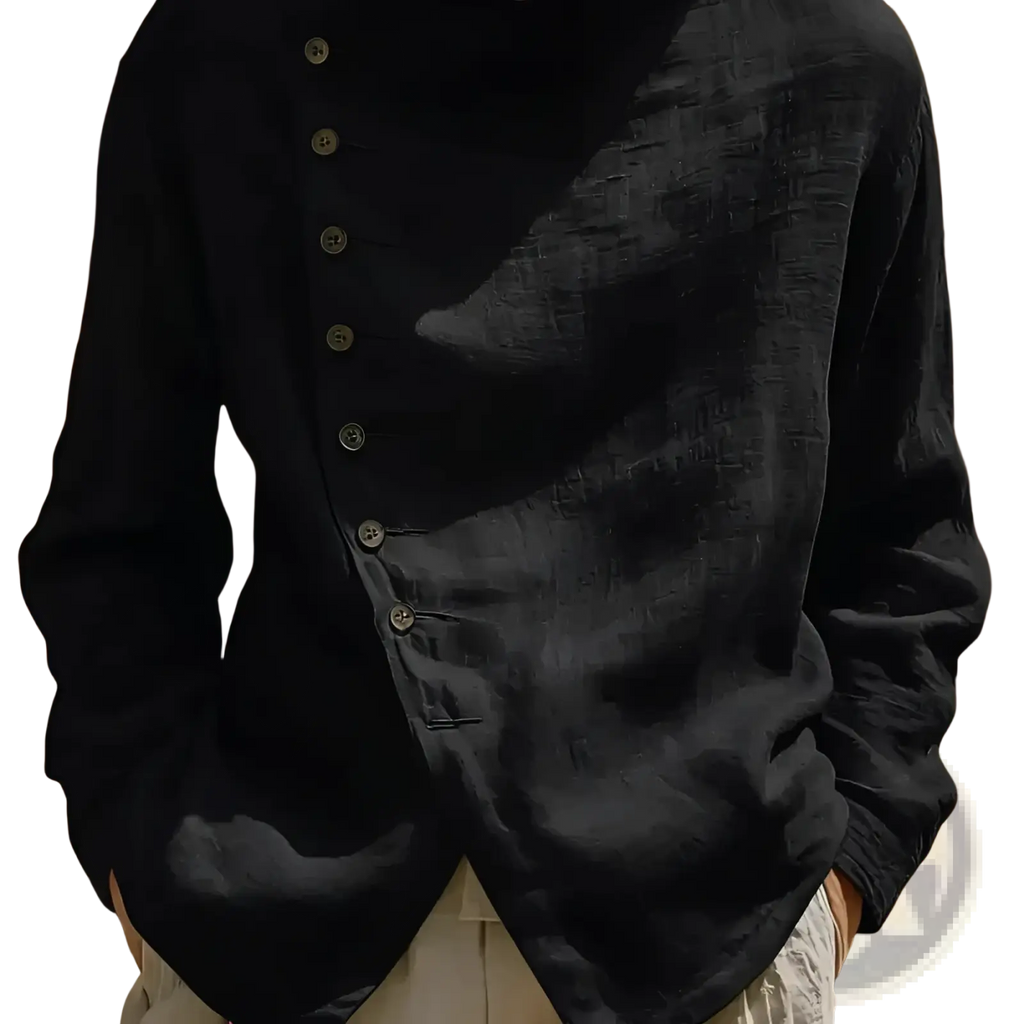 Black asymmetric linen shirt with diagonal button placket and subtle tonal pattern loose fit casual top