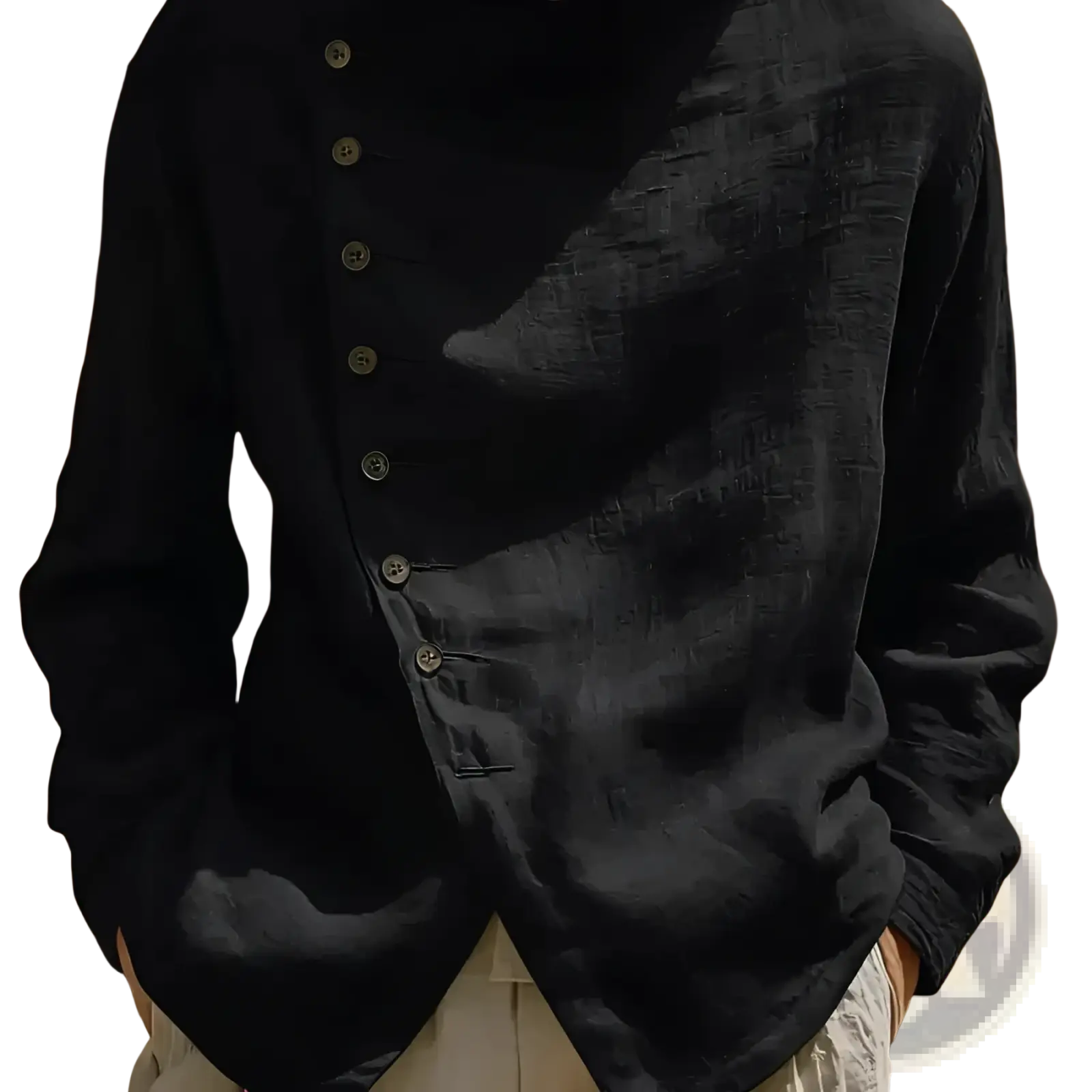 Black asymmetric linen shirt with diagonal button placket and subtle tonal pattern loose fit casual top