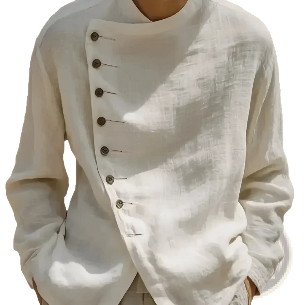 A light beige asymmetric linen shirt with dark brown buttons designed as a loose fit casual top