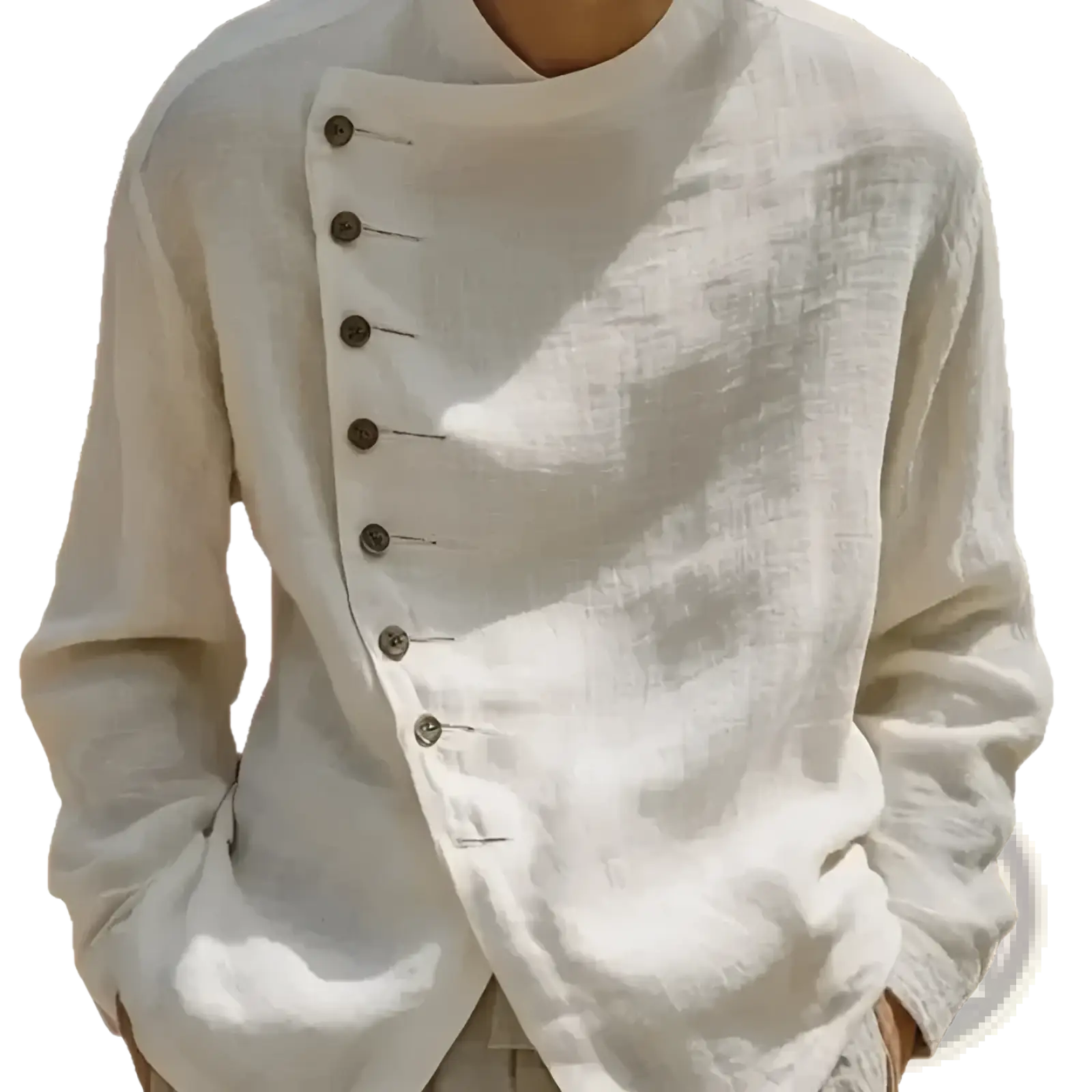 A light beige asymmetric linen shirt with dark brown buttons designed as a loose fit casual top