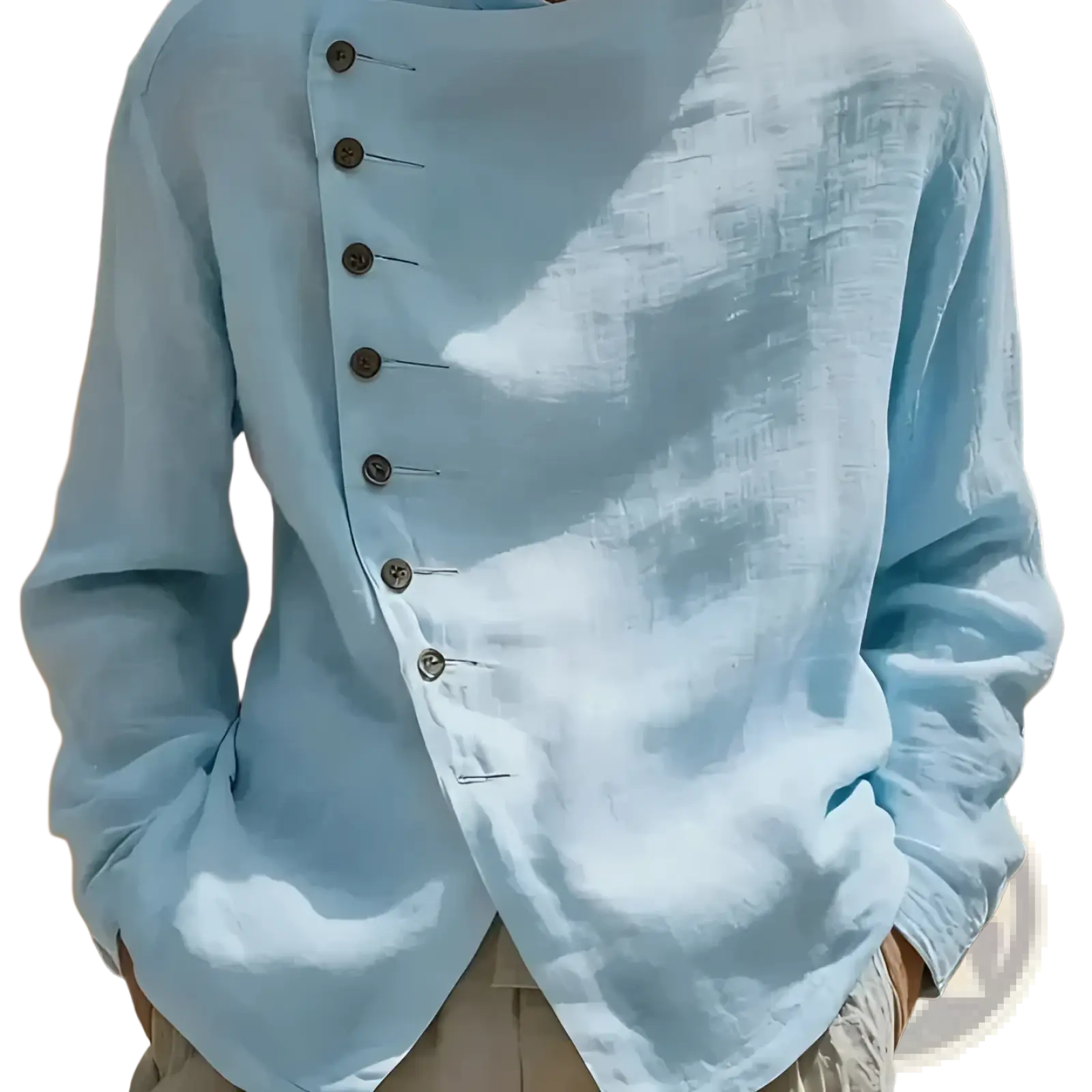 Light blue asymmetric linen shirt with diagonal button placket and dark brown buttons loose fit casual top