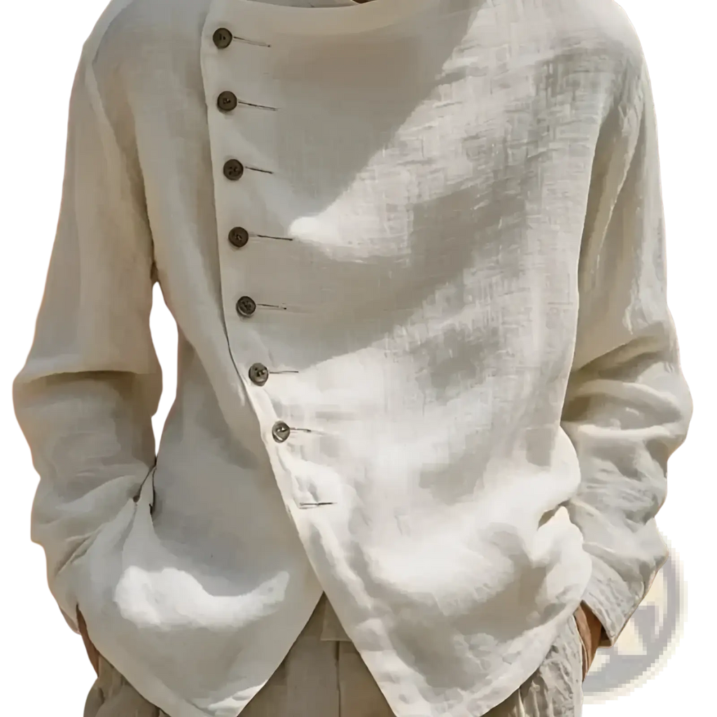 Asymmetric linen shirt loose fit casual top off-white with diagonal button placket and subtle texture
