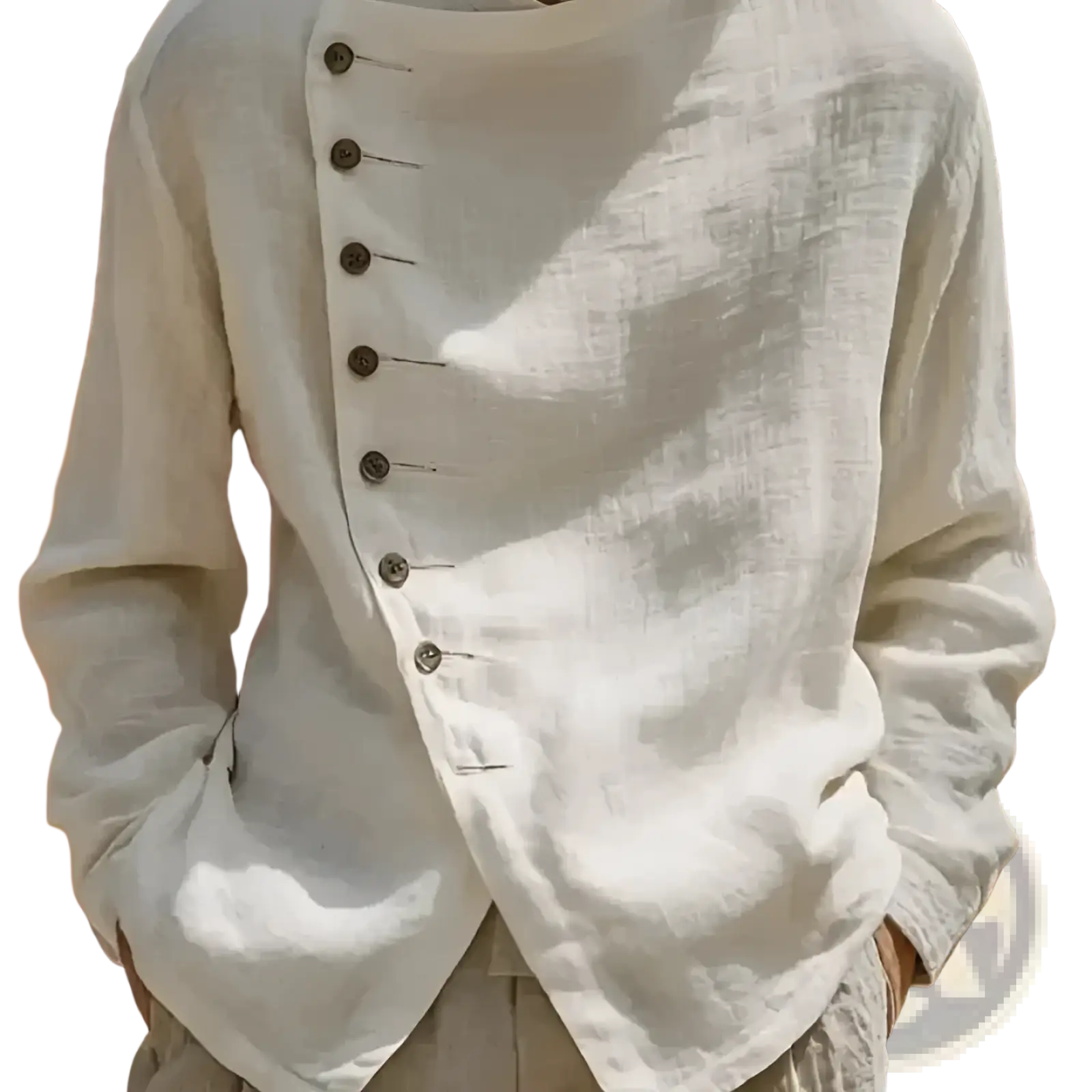 Asymmetric linen shirt loose fit casual top off-white with diagonal button placket and subtle texture