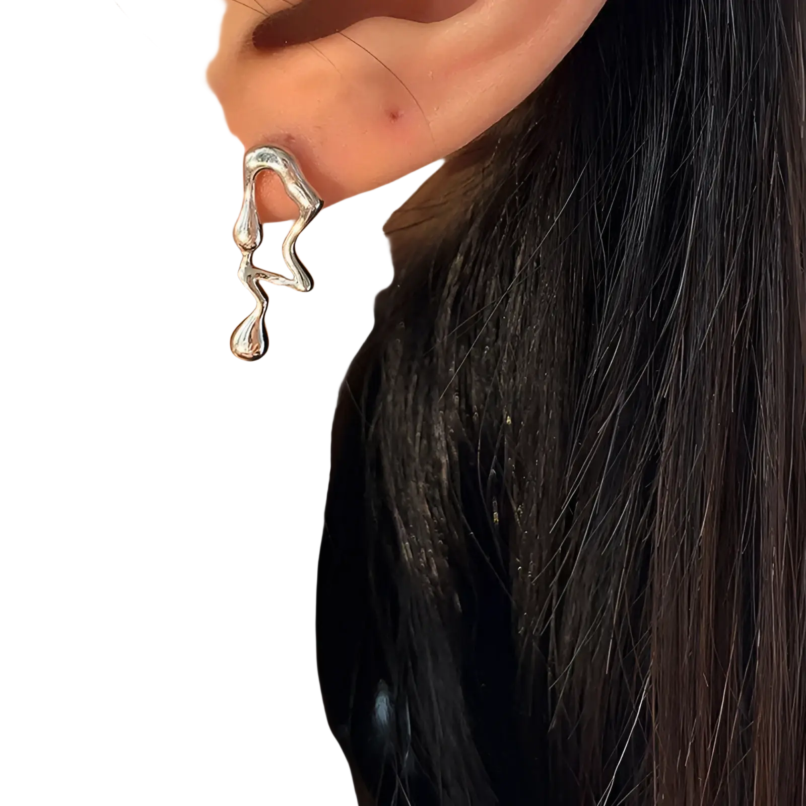 Asymmetric liquid silver lava stud earrings featuring a fluid dripping design in polished silver metal