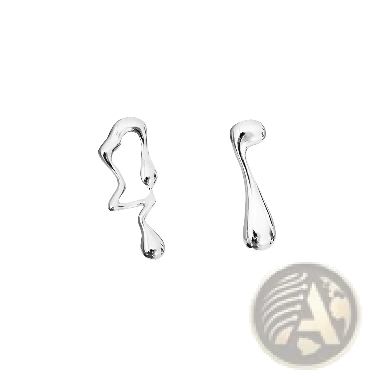 Silver asymmetric liquid silver lava stud earrings with smooth abstract liquid-like design in solid silver