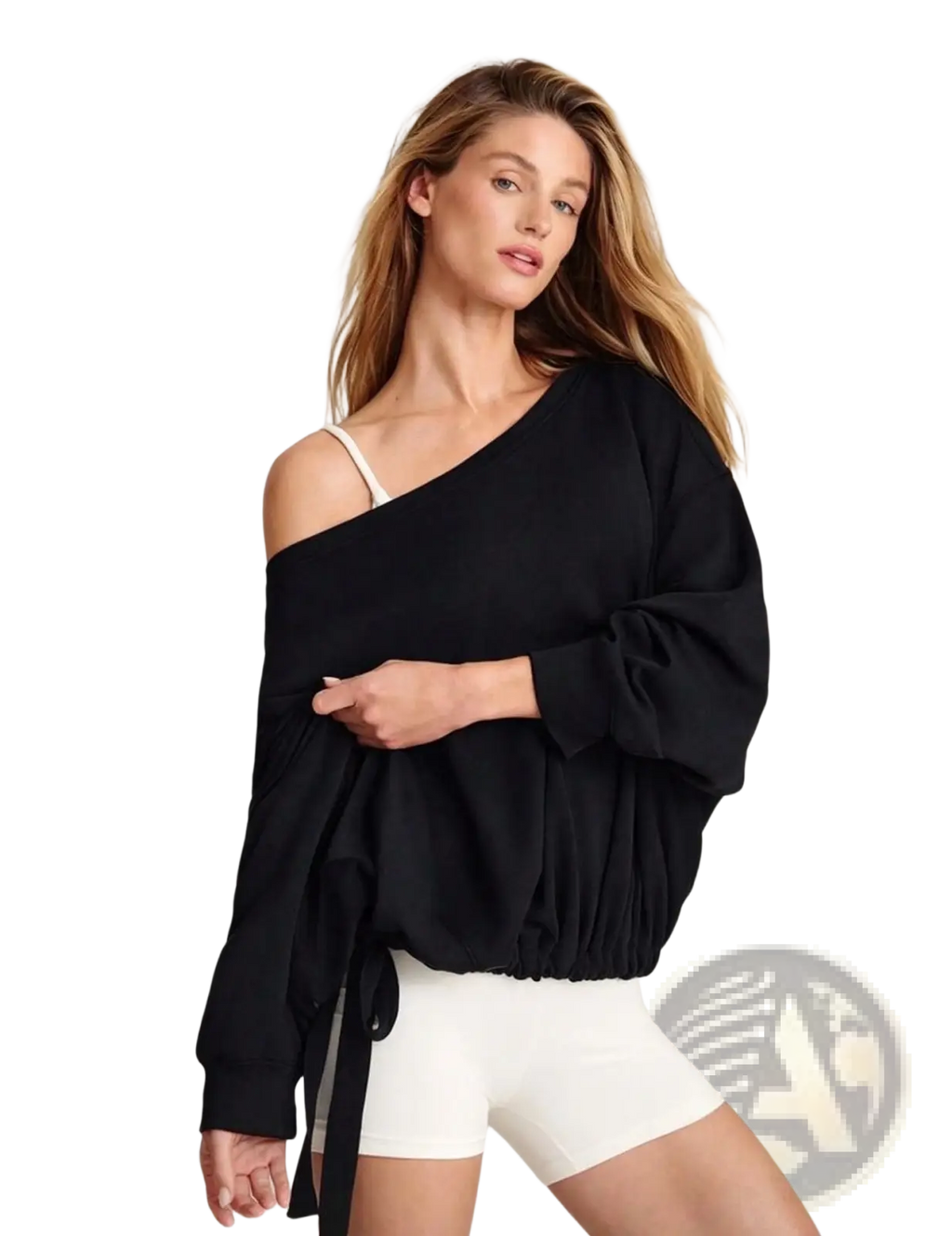 Black asymmetric off-shoulder pullover hoodie with one shoulder design, oversized fit, drawstring waist, and loose flowing sleeves