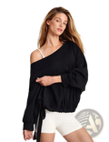 Black asymmetric off-shoulder pullover hoodie with one shoulder design, oversized fit, drawstring waist, and loose flowing sleeves