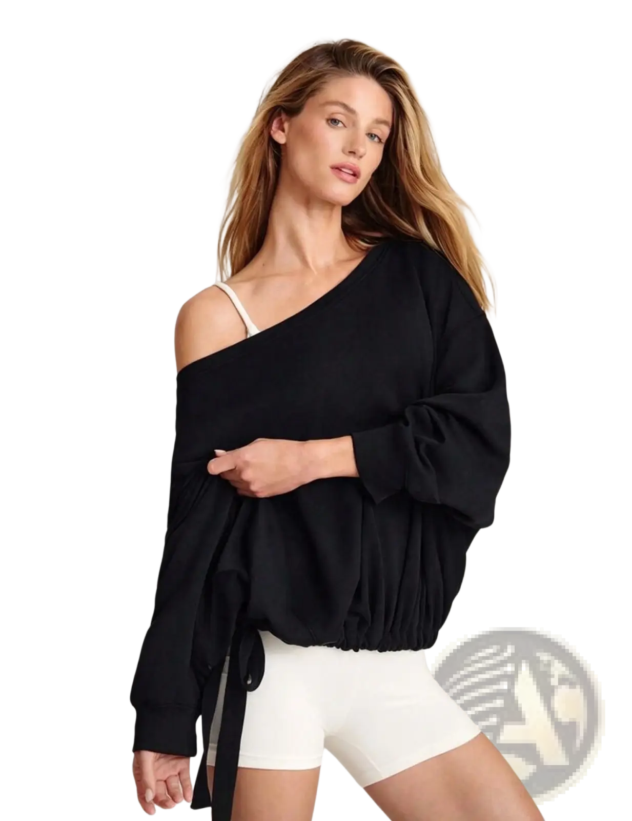 Black asymmetric off-shoulder pullover hoodie with one shoulder design, oversized fit, drawstring waist, and loose flowing sleeves
