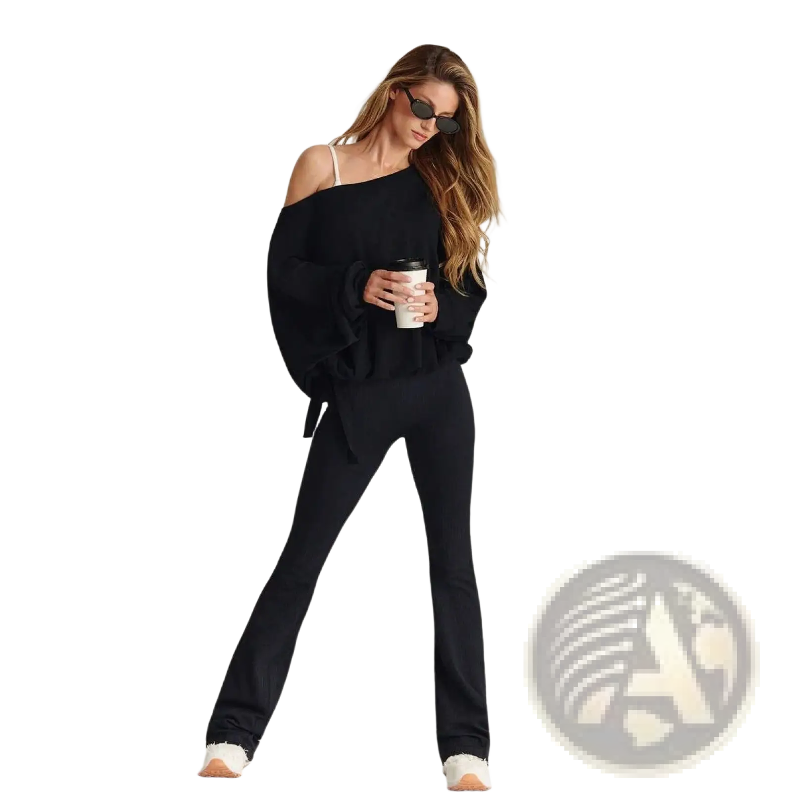Black asymmetric off-shoulder pullover hoodie with oversized fit, flared sleeves, and tied waistband