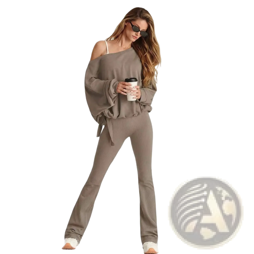 A cozy taupe asymmetric off-shoulder pullover hoodie with ribbed detailing and matching flared loungewear pants