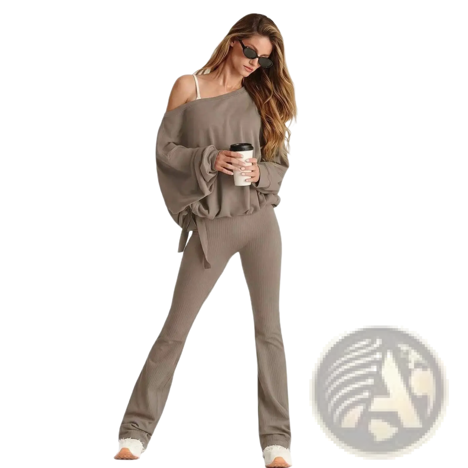 A cozy taupe asymmetric off-shoulder pullover hoodie with ribbed detailing and matching flared loungewear pants