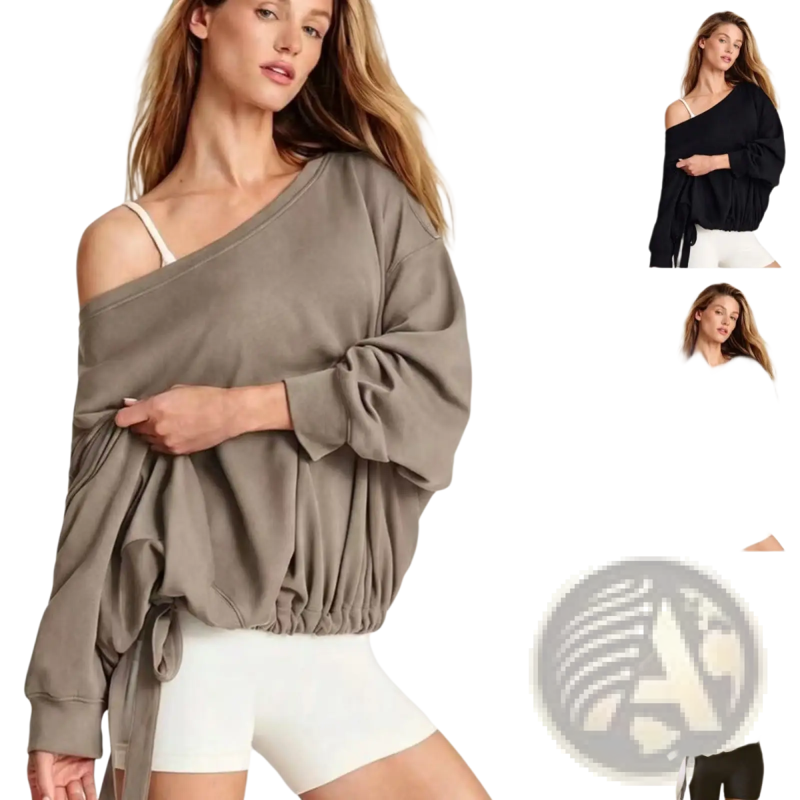 A loose-fitting gray asymmetric off-shoulder pullover hoodie with long sleeves and a drawstring waist