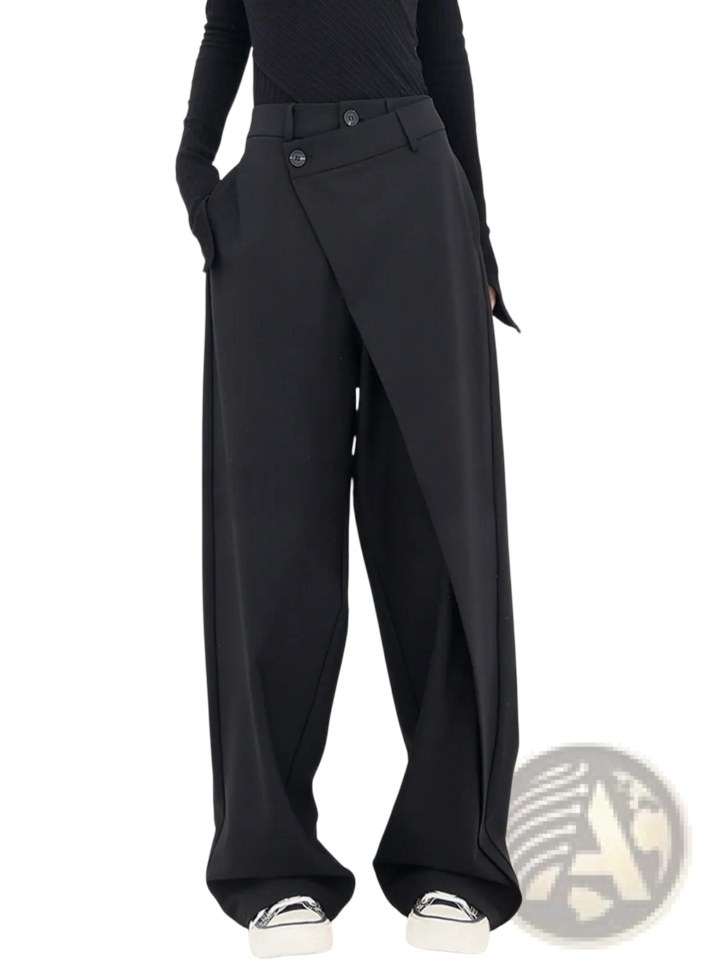 Black asymmetric wide leg trousers featuring sleek modern design and subtle asymmetrical front paneling