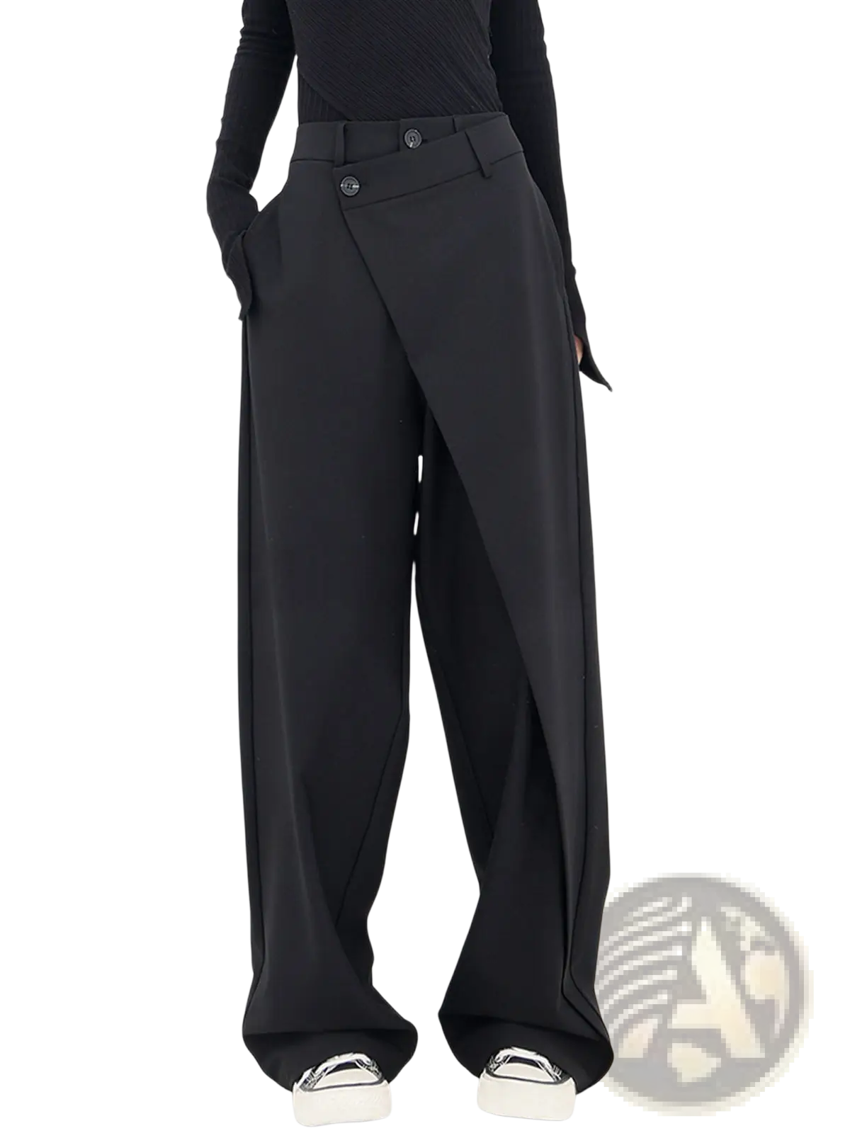 Black asymmetric wide leg trousers featuring sleek modern design and subtle asymmetrical front paneling