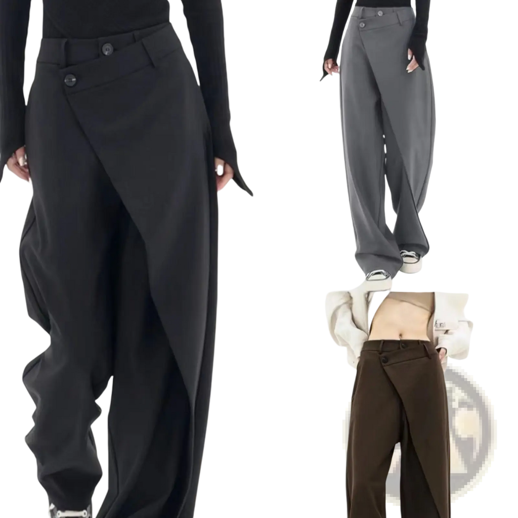 Asymmetric wide leg trousers in black gray and brown featuring overlapping fabric panels and a distinctive front design