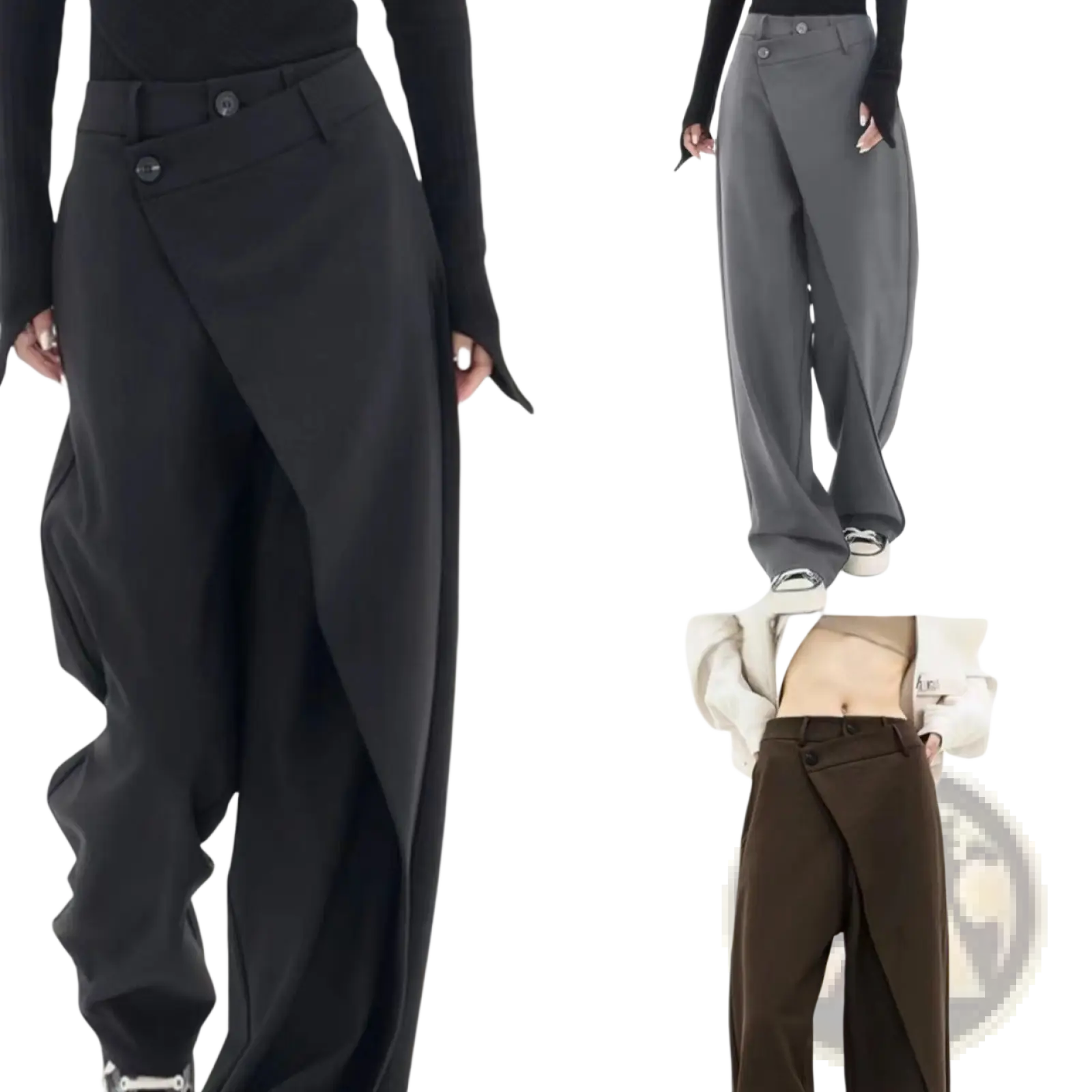 Asymmetric wide leg trousers in black gray and brown featuring overlapping fabric panels and a distinctive front design