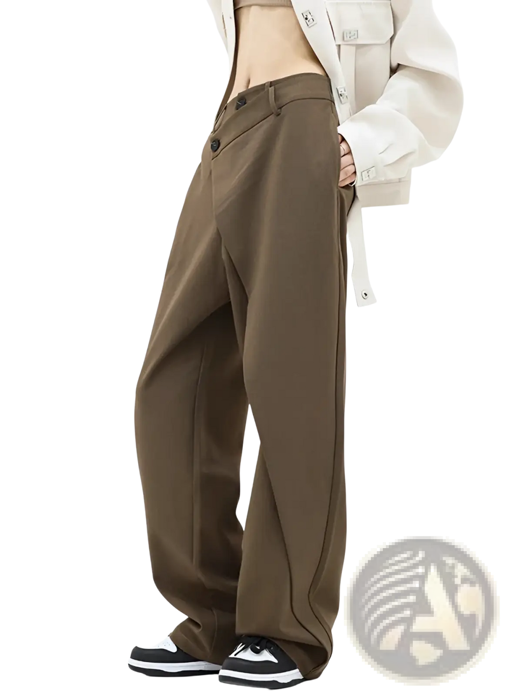 Brown asymmetric wide leg trousers with a relaxed fit and visible front pockets for comfortable wear