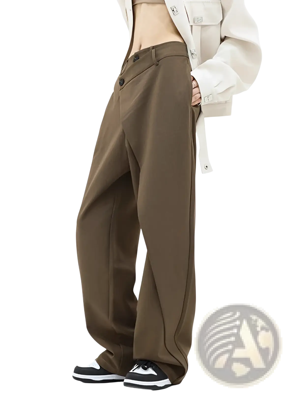 Brown asymmetric wide leg trousers with a relaxed fit and visible front pockets for comfortable wear