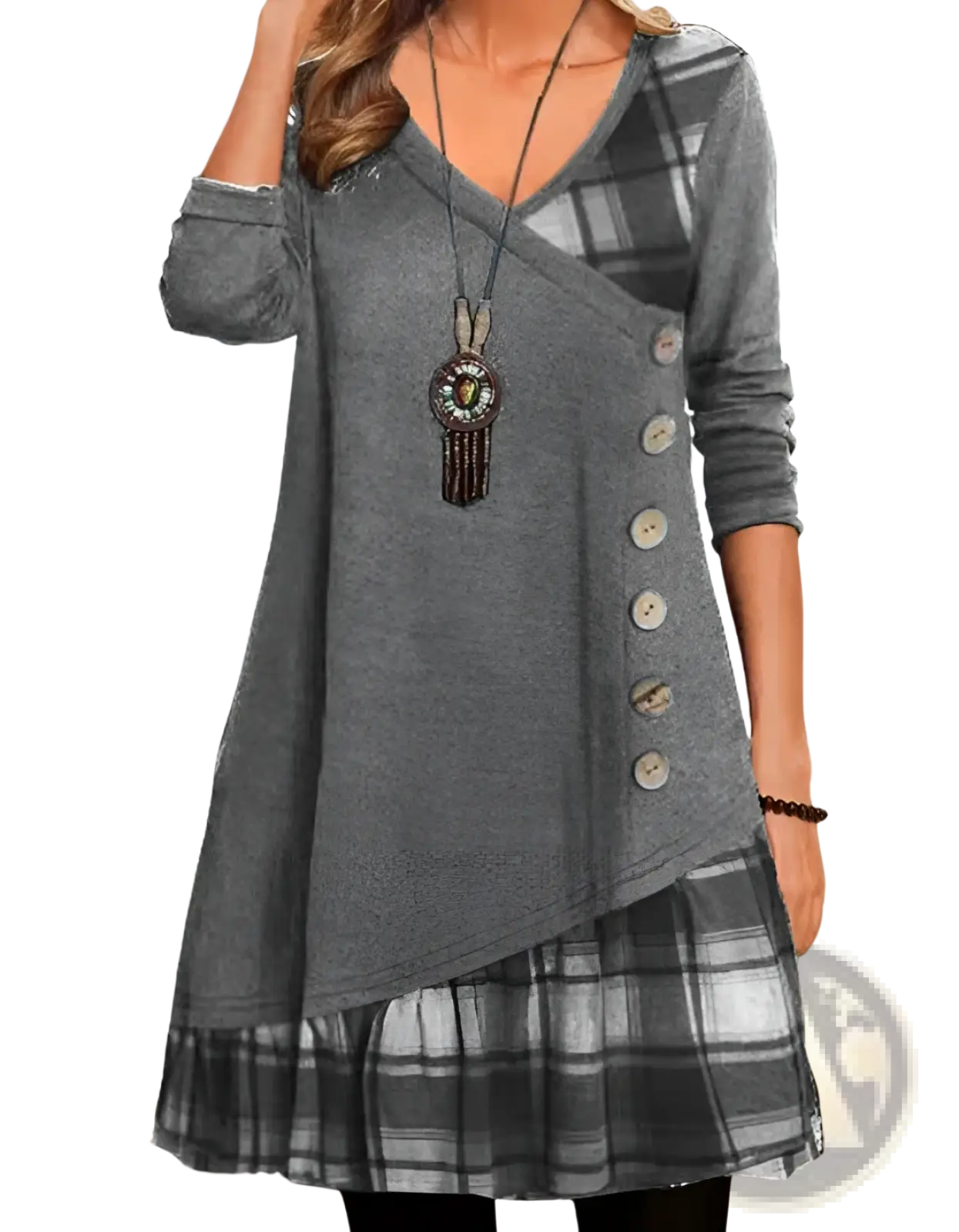 Gray and black plaid asymmetrical knit tunic dress featuring button detailing and patchwork design
