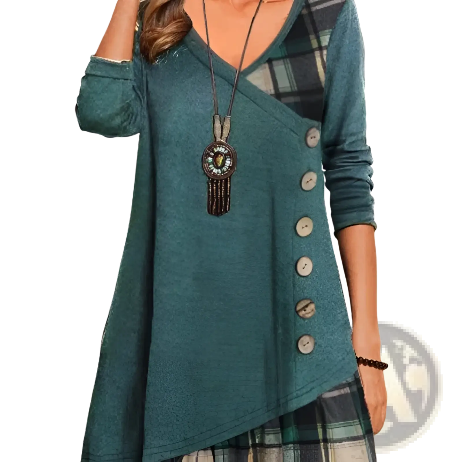 Teal asymmetrical knit tunic dress with plaid paneling and wooden buttons featuring patchwork design
