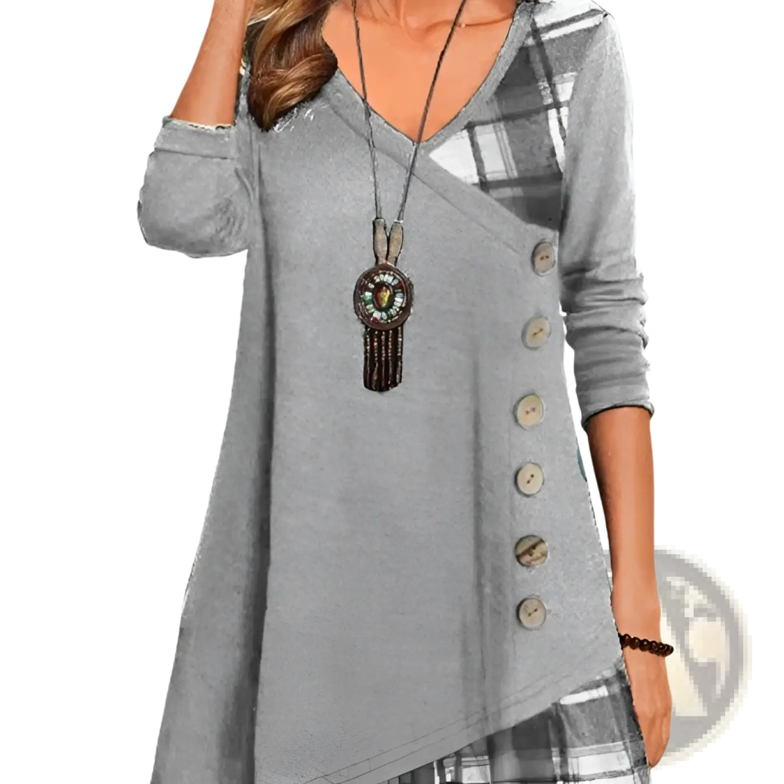 Gray asymmetrical plaid patchwork knit tunic dress with long sleeves and button details on the front panel