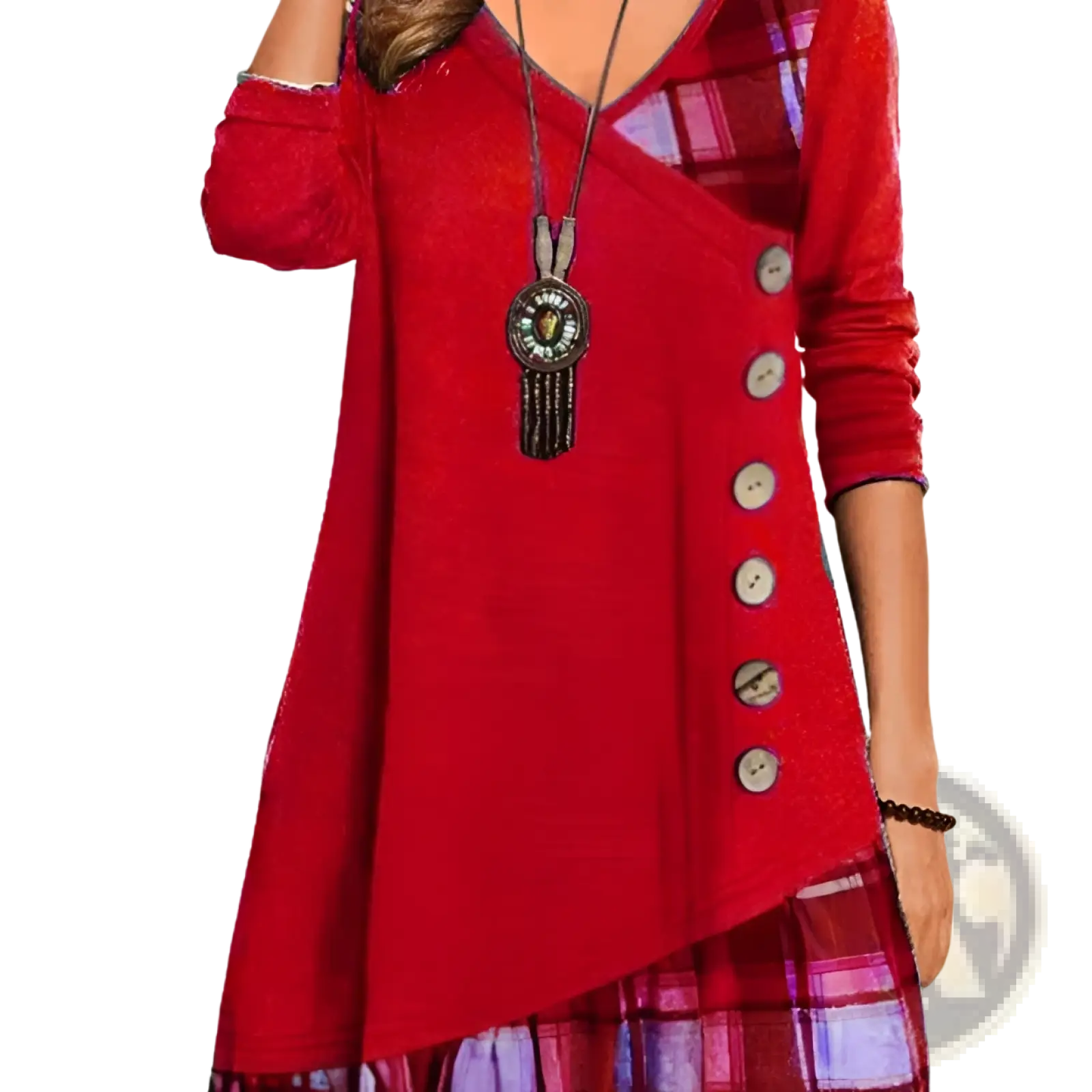 Red asymmetrical knit tunic dress featuring button details and a plaid patchwork overlay for stylish layering