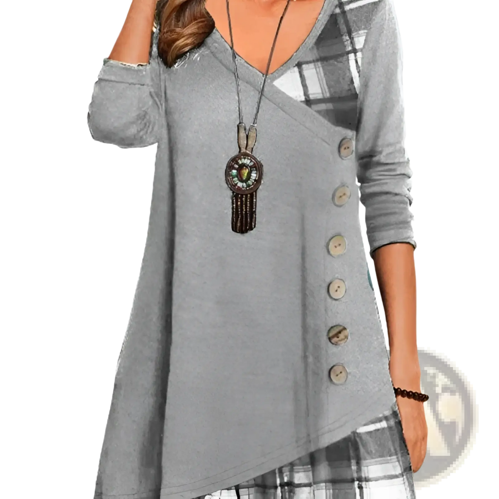 Gray long-sleeved asymmetrical plaid patchwork knit tunic dress with v-neck and wooden button closure at front