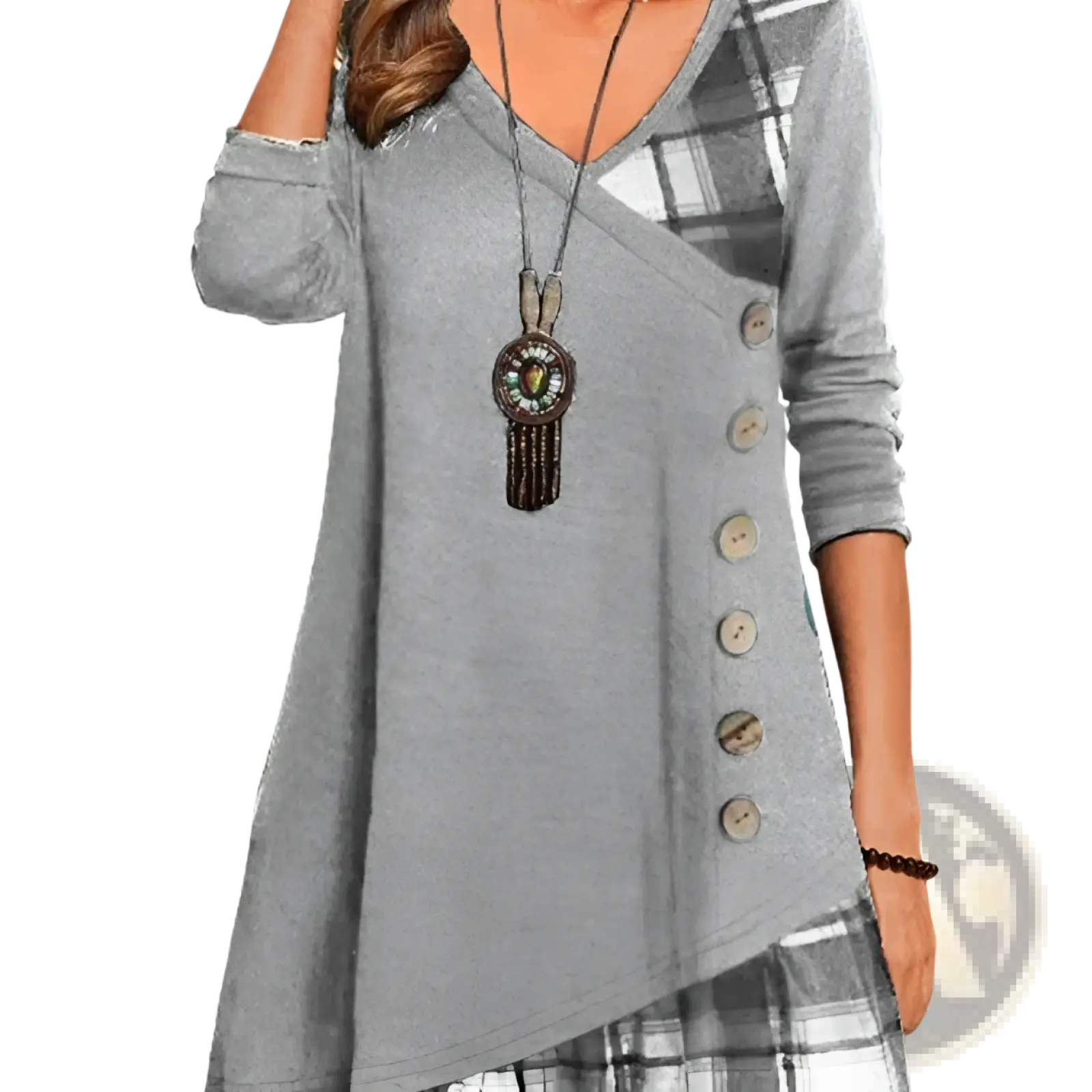 Gray long-sleeved asymmetrical plaid patchwork knit tunic dress with v-neck and wooden button closure at front