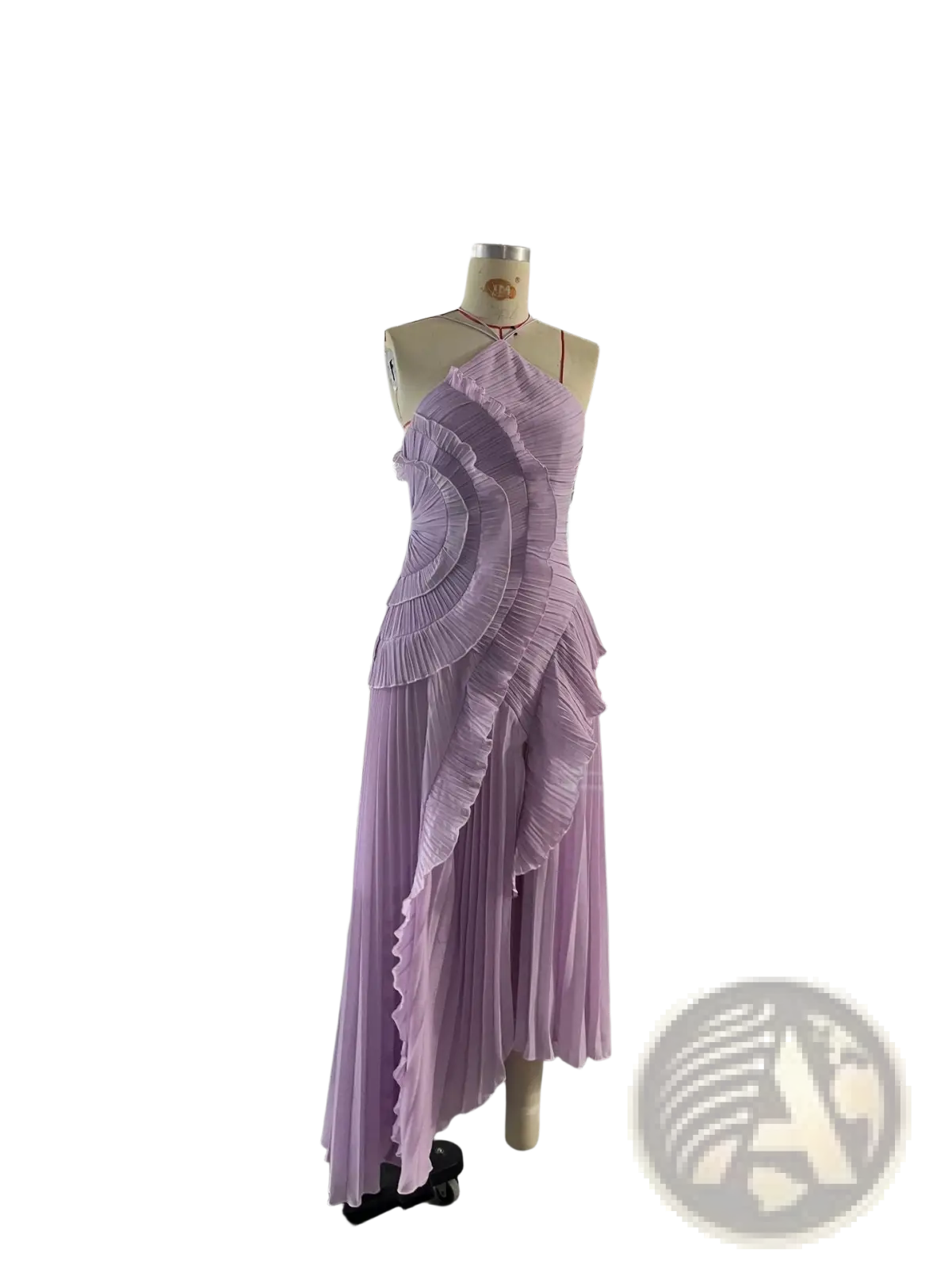 Lavender pleated asymmetrical chiffon dress with halter neckline displayed on mannequin for evening wear