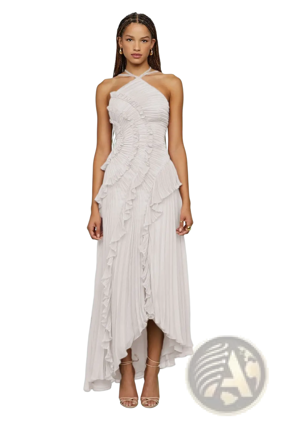 White chiffon asymmetrical ruffled halterneck maxi evening dress with flowing ruffled layers and halter neckline