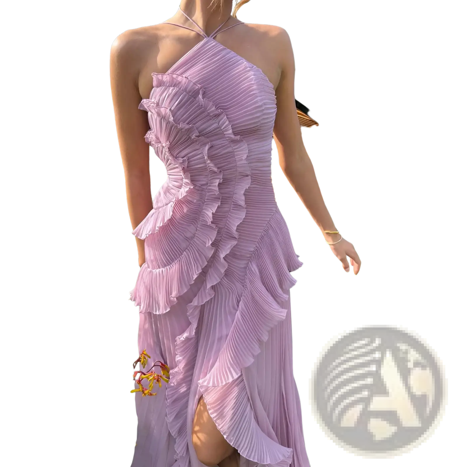 A flowing lavender pleated chiffon evening dress with asymmetrical layered ruffles cascading down the side