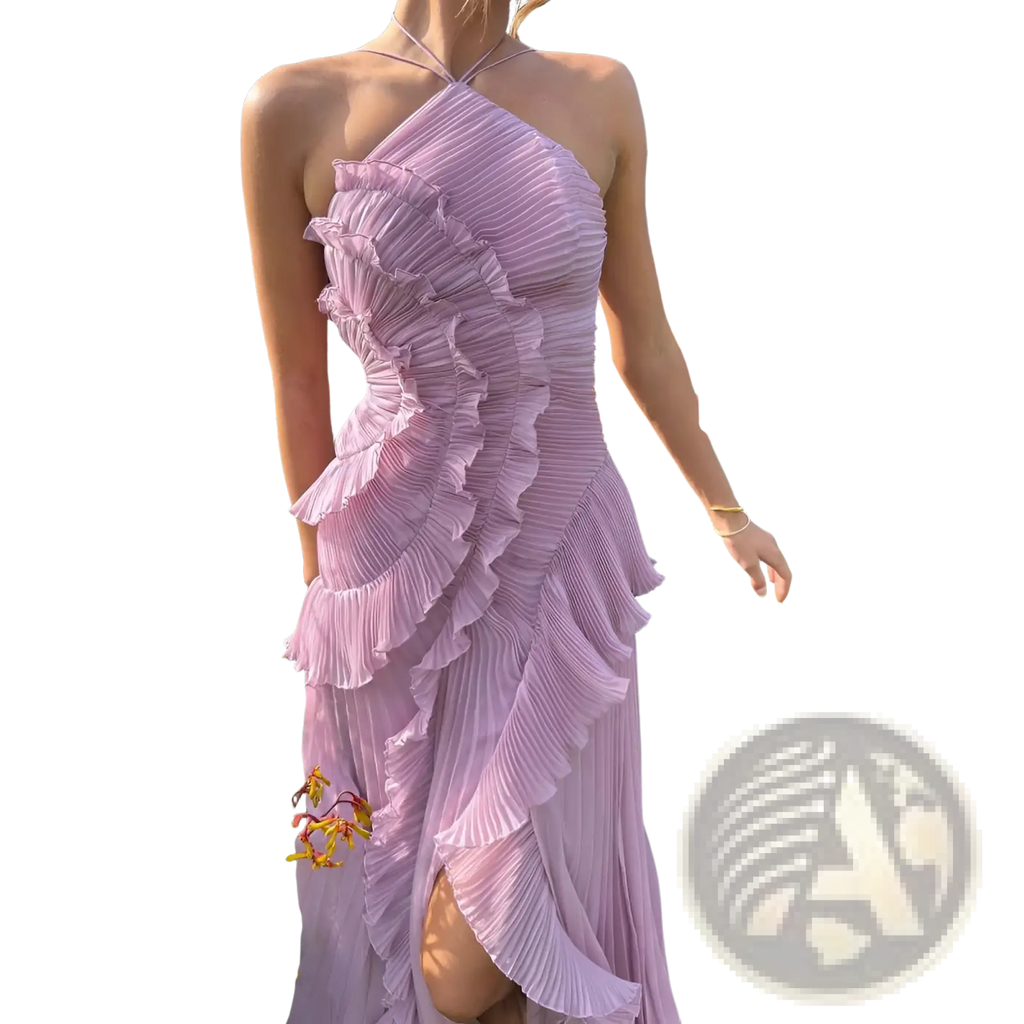 A delicate lavender asymmetrical ruffled chiffon halterneck evening dress with pleated fabric and cascading ruffles